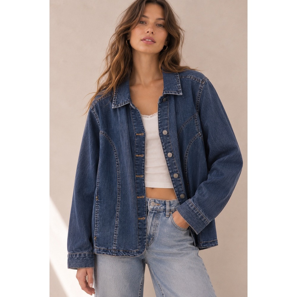 NorthStyle Denim Jacket Medium Wash Button Front Curved Seam Blue 1X Plus Size